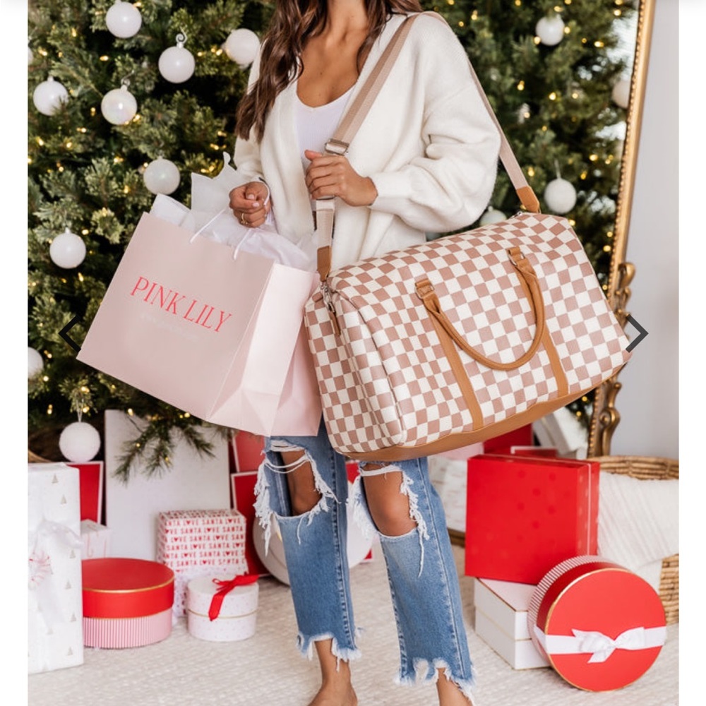 Pink Lily Boujee Weekend Away Camel Checkered Duffle Bag